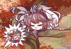 Rule 34 | 1boy, 1girl, absurdres, arknights, autumn leaves, benizika, black gloves, black hairband, blonde hair, blush, boots, brown hair, chibi, closed eyes, day, fang, gloves, hairband, highres, horns, in tree, long hair, long sleeves, mole, mole under eye, multicolored hair, noir corne (arknights), open mouth, outdoors, signature, single sleeve, sleeves past wrists, streaked hair, sweat, tree, twitter username, v-shaped eyebrows, very long hair, white footwear, white hair, yato (arknights)