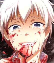 Rule 34 | 1boy, b (kana0816), bad end, blonde hair, blood, blood on clothes, blood on face, blue eyes, cannibalism, corpse party, crazy, crazy eyes, crazy smile, crying, crying with eyes open, eating, empty eyes, guro, kishinuma yoshiki, looking at viewer, male focus, portrait, short hair, smile, solo, spoilers, tears, white hair