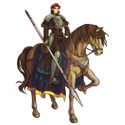 Rule 34 | 1boy, armor, armored boots, boots, fire emblem, fire emblem: the sacred stones, full body, gauntlets, gloves, highres, horse, knight, lance, male focus, nintendo, official art, polearm, red eyes, red hair, seth (fire emblem), solo, spear, wada sachiko, weapon, white background