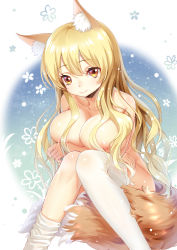 Rule 34 | 1girl, absurdres, animal ears, blonde hair, breasts, fox ears, fox girl, fox tail, haneru, highres, large breasts, looking at viewer, nipples, nude, sitting, smile, solo, tail, thighhighs, thighhighs pull, white thighhighs, yellow eyes