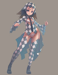 Rule 34 | 1girl, bra, brown hair, checkered clothes, checkered legwear, fishnets, full body, lingerie, necktie, original, panties, patterned legwear, simple background, solo, thighhighs, underwear, weno