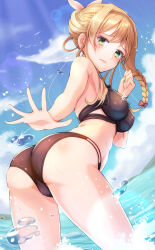 Rule 34 | 1girl, alternate costume, alternate hairstyle, ass, atelier (series), bikini, black bikini, blonde hair, braid, breasts, brown bikini, closed mouth, commentary request, green eyes, hair up, hand up, highres, klaudia valentz, leaning forward, looking at viewer, looking back, medium breasts, ocean, outdoors, outstretched arm, solo, splashing, swimsuit, two-tone bikini, yanu