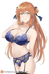 Rule 34 | 1girl, arm behind back, aslindsamure, blue bra, blue panties, blush, bra, breasts, brown hair, cleavage, collarbone, garter belt, girls&#039; frontline, green eyes, groin, hair between eyes, hair ribbon, hair rings, hand on own chest, highres, lace, lace-trimmed legwear, lace trim, large breasts, lingerie, long hair, looking at viewer, navel, panties, parted lips, patreon username, ribbon, sidelocks, simple background, skindentation, smile, solo, springfield (girls&#039; frontline), stomach, tareme, thighhighs, twintails, underwear, underwear only, white background