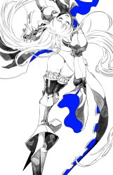 Rule 34 | 1girl, armor, ass, closed eyes, fate/grand order, fate (series), from behind, greaves, greyscale, hands in opposite sleeves, highres, leaning back, long hair, long sleeves, meltryllis (fate), monochrome, outstretched arms, parted lips, puffy sleeves, simple background, solo, spot color, tenobe, thighhighs, tied sleeves, very long hair, white background