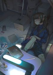 Rule 34 | 1girl, absurdres, bandaid, black hair, blue eyes, blue jacket, blunt bangs, bobby pin, bookshelf, box, cardboard box, cigarette, desk lamp, dim lighting, drawing tablet, ear piercing, eyepatch, hair ornament, hair ribbon, hairclip, hand on own knee, highres, holding, holding phone, jacket, joy-con, lamp, long hair, long sleeves, looking to the side, mole, mole under eye, nia (x x02), nintendo switch, original, paperclip, parted lips, phone, piercing, ribbon, shorts, sidelocks, sitting, solo, stylus, trash can, twintails