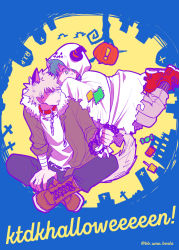 Rule 34 | !, 2boys, animal ears, bakugou katsuki, bandaged arm, bandages, blonde hair, boku no hero academia, boots, candy, chain, collar, food, freckles, fur collar, ghost costume, green eyes, green hair, green jacket, halloween, halloween costume, hat, holding, holding chain, jacket, lollipop, looking at another, male focus, midoriya izuku, multiple boys, patch, pointy ears, pumpkin, red eyes, red footwear, sharp teeth, spiked hair, tail, teeth, tombstone, tree, twitter username, ume (326310), witch hat, wolf ears, wolf tail