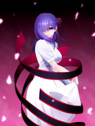 Rule 34 | 1girl, black ribbon, collared dress, dress, fate/stay night, fate (series), gradient background, hair over one eye, hair ribbon, highres, long dress, long hair, looking at viewer, matou sakura, musco, official alternate costume, purple background, purple eyes, purple hair, purple ribbon, rei no himo, ribbon, skirt hold, smile, solo, standing, white dress, white ribbon, wing collar
