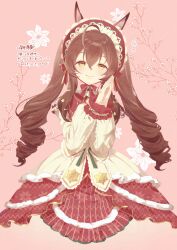 Rule 34 | 1girl, 28yanagiii, ahoge, animal ears, artist name, bonnet, brown hair, closed mouth, cropped torso, dated, dress, drill hair, floral background, horse ears, layered dress, long hair, long sleeves, mejiro bright (snowy lolita in a dazzling starry sky) (umamusume), mejiro bright (starry snow lolita) (umamusume), mejiro bright (umamusume), multicolored clothes, multicolored dress, own hands together, palms together, smile, solo, translation request, twin drills, umamusume, upper body, yellow eyes