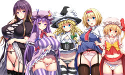 Rule 34 | 5girls, alice margatroid, black dress, black legwear, black panties, blonde hair, blue dress, blue eyes, blush, bow, braid, breasts, brown hair, capelet, clothes lift, commentary request, covered erect nipples, cowboy shot, crescent, crescent hair ornament, dress, dress lift, ebi 193, eyebrows, fang, flandre scarlet, frilled dress, frills, garter belt, garter straps, gradient hair, groin, hair between eyes, hair bow, hair ornament, hair ribbon, hair tubes, hairband, hat, hat bow, highleg, highleg panties, highres, hijiri byakuren, huge breasts, kirisame marisa, lace, lace-trimmed legwear, lace trim, large breasts, lifting own clothes, lolita hairband, long hair, looking at viewer, mob cap, multicolored hair, multiple girls, panties, pantyshot, patchouli knowledge, polka dot, polka dot panties, puffy short sleeves, puffy sleeves, purple eyes, purple hair, purple legwear, red eyes, ribbon, shiny clothes, shiny skin, short hair, short sleeves, side-tie panties, side braid, side ponytail, simple background, single braid, skirt, skirt lift, small breasts, smile, standing, striped clothes, striped dress, striped legwear, striped panties, striped thighhighs, thigh gap, thighhighs, thighs, touhou, tress ribbon, underwear, vertical-striped clothes, vertical-striped legwear, vertical-striped thighhighs, white background, white panties, witch hat