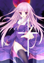 Rule 34 | 1girl, :o, black thighhighs, cross, cross necklace, dress, full moon, garter straps, highres, jewelry, long hair, looking at viewer, marianne (unholy sanctuary), moon, necklace, pink hair, priest (ragnarok online), purple eyes, ragnarok online, red moon, solo, sorai shin&#039;ya, thighhighs, unholy sanctuary