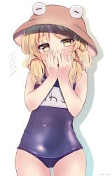 Rule 34 | 1girl, against wall, blonde hair, bloom, breasts, commentary request, covering own mouth, cowboy shot, drop shadow, hands up, hat, highres, long hair, moriya suwako, one-piece swimsuit, petite, ramudia (lamyun), small breasts, solo, swimsuit, thigh gap, touhou, ||/