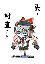 Rule 34 | 1girl, :t, american flag, bandana, bandana around neck, black bandana, black hat, black skirt, blue eyes, bow, bren ten, bren ten (girls&#039; frontline), brown bag, chibi, chibi only, chinese commentary, chinese text, closed mouth, commentary request, full body, girls&#039; frontline, gloom (expression), goggles, goggles on headwear, hair ornament, hat, hat bow, helmet, highres, long hair, pink hair, pleated skirt, pouch, pout, red bow, shirt, short sleeves, simple background, skirt, solo, standing, sticker, su xiao jei, translation request, twintails, weapon on floor, white background, white shirt, x hair ornament