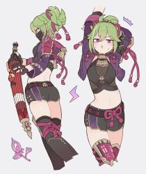 Rule 34 | 1girl, absurdres, black gloves, black mask, black shorts, blush, crop top, cropped jacket, fishnet top, fishnets, genshin impact, gloves, green hair, hair ornament, highres, holding, holding weapon, jacket, kuki shinobu, looking at viewer, mask, mouth mask, navel, ninja mask, origami gyokuo, partially fingerless gloves, ponytail, purple eyes, purple jacket, purple rope, rope, shirt, short hair, short shorts, shorts, smile, solo, thighhighs, thighs, weapon