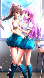 Rule 34 | 2girls, :d, after kiss, blue skirt, blue socks, blush, bra, breasts, brown footwear, brown hair, cherry blossoms, classroom, cleavage, collarbone, collared shirt, desk, doukyuusei, doukyuusei another world, dress shirt, eye contact, floating hair, game cg, hair ribbon, high ponytail, indoors, loafers, long hair, looking at another, medium breasts, miniskirt, multiple girls, open clothes, open mouth, open shirt, pink hair, pleated skirt, red ribbon, ribbon, sakuragi mai, saliva, saliva trail, school uniform, shirt, shoes, short sleeves, skirt, smile, socks, spring (season), tanaka misa, underwear, very long hair, white bra, white shirt, wing collar, yellow eyes, yellow ribbon, yuri