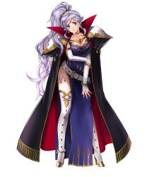 Rule 34 | 1girl, anklet, armor, belt, boots, bracelet, breasts, bridal gauntlets, cape, cleavage, collar, collarbone, dress, earrings, fire emblem, fire emblem: genealogy of the holy war, fire emblem heroes, full body, high heel boots, high heels, high ponytail, highres, ishtar (fire emblem), jewelry, large breasts, long hair, medium breasts, nintendo, official art, parted lips, ponytail, purple eyes, purple hair, shoulder pads, side slit, solo, suekane kumiko, thigh boots, thighhighs, transparent background, white footwear