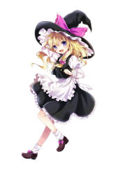 Rule 34 | 1girl, apron, bad id, bad pixiv id, blonde hair, blue eyes, bow, buttons, dress, female focus, full body, hair bow, hair ribbon, hand on headwear, hat, hat ribbon, kirisame marisa, kona (canaria), long hair, open mouth, ribbon, shoes, skirt, skirt set, smile, socks, solo, touhou, witch, witch hat