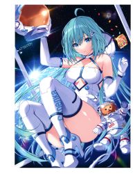 Rule 34 | 1girl, absurdres, ahoge, bare shoulders, blue eyes, blue hair, boots, breasts, collarbone, earth (planet), floating, floating object, gloves, helmet, high heel boots, high heels, highres, mataro (matarou), medium breasts, original, parted lips, planet, pointy ears, scan, shiny skin, short hair, simple background, sleeveless, solo, space helmet, spacesuit, stuffed animal, stuffed toy, thigh boots, thighhighs, thighs