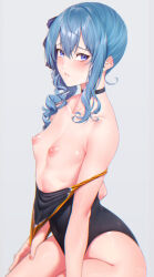 1girl black_choker black_one-piece_swimsuit blue_eyes blue_hair blush breasts choker collarbone furrowed_brow hair_between_eyes hand_on_own_thigh highres hololive hoshimachi_suisei looking_at_viewer nipples one-piece_swimsuit open_mouth pulling_own_clothes small_breasts solo swimsuit virtual_youtuber zucchini