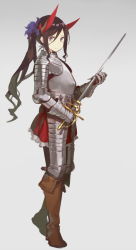 Rule 34 | 1girl, armor, boots, brown hair, commentary, fangdan runiu, frilled skirt, frills, full body, holding, holding sword, holding weapon, horns, long hair, looking at viewer, original, plate armor, ponytail, rapier, simple background, skirt, solo, sword, weapon