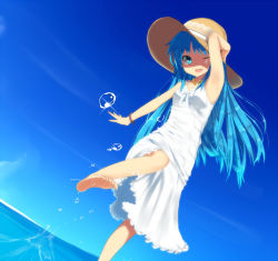 Rule 34 | 1girl, album cover, bad id, bad pixiv id, barefoot, blue eyes, blue hair, cover, dress, dutch angle, feet, hat, holding, holding hat, jewelry, long hair, masamuuu, matching hair/eyes, necklace, one eye closed, smile, soles, solo, splashing, sun hat, sundress, toes, water, wink