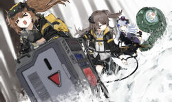 &gt;_&lt; 404_(girls&#039;_frontline) 4girls :d assault_rifle backpack bag black_jacket black_skirt brown_hair commentary_request cross dragging energy_drink g11_(girls&#039;_frontline) girls&#039;_frontline green_eyes grey_hair gun h&amp;k_hk416 hair_ornament hairclip head-mounted_display highres hk416_(girls&#039;_frontline) hk416_(mod3)_(girls&#039;_frontline) hood hood_down hooded_jacket iron_cross jacket minifridge multiple_girls one_side_up open_mouth pleated_skirt red_bull riding rifle rope scar scar_across_eye skirt sleeping_bag smile snow solid_eyes thigh_strap tree twintails ump45_(girls&#039;_frontline) ump45_(mod3)_(girls&#039;_frontline) ump9_(girls&#039;_frontline) ump9_(mod3)_(girls&#039;_frontline) weapon winter xd zafuri_(yzrnegy)