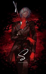 Rule 34 | 1boy, antonio salieri (fate), antonio salieri (second ascension) (fate), cross, domu (hamadura), english text, fate/grand order, fate (series), formal, gloves, grey hair, hair between eyes, hair over one eye, highres, jewelry, light, long sleeves, looking at viewer, male focus, petals, pinstripe pattern, pinstripe suit, red eyes, red gloves, ring, rose petals, scarf, sketch, solo, striped, suit