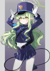 Rule 34 | 1girl, :&lt;, absurdres, arms up, belt, black belt, blue archive, blue hat, blue jacket, blue skirt, blush, buttons, cowboy shot, cropped jacket, demon tail, double-breasted, g1 (user tjwy5444), gloves, gradient background, green hair, green halo, hair between eyes, halo, hat, highres, hikari (blue archive), jacket, long hair, long sleeves, pantyhose, peaked cap, pillarboxed, pleated skirt, pointy ears, shirt, shirt tucked in, short eyebrows, sidelocks, skirt, solo, tail, wavy hair, white gloves, white pantyhose, white shirt, yellow eyes