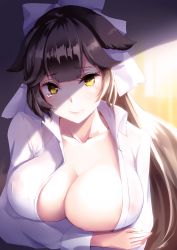 Rule 34 | 1girl, azur lane, bow, breasts, brown hair, cleavage, closed mouth, collarbone, hair bow, hair ribbon, highres, large breasts, lips, long hair, looking at viewer, mikoto (mio), open clothes, open shirt, ribbon, shirt, simple background, smile, solo, takao (azur lane), tears, upper body, white shirt, yellow eyes
