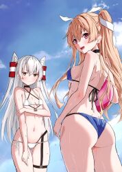 Rule 34 | 2girls, absurdres, amatsukaze (kancolle), ass, ball, bare arms, bare shoulders, beachball, bikini, blue sky, blush, breast envy, breasts, cloud, day, hair ornament, hair tubes, highleg, highleg bikini, highres, holding, johnston (kancolle), kantai collection, light brown hair, long hair, looking at viewer, looking back, medium breasts, multiple girls, navel, open mouth, outdoors, red eyes, scan, shiny skin, side-tie bikini bottom, simple background, sky, small breasts, smile, stomach, swimsuit, takanashi kei (hitsujikan), teeth, thigh strap, thighs, twintails, upper teeth only, water drop, wet, white hair