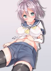 Rule 34 | 10s, 1girl, aoba (kancolle), aqua eyes, black thighhighs, blue eyes, breasts, clothes lift, covered erect nipples, dated, kantai collection, kerchief, large breasts, looking at viewer, messy hair, mokufuu, ponytail, purple hair, school uniform, scrunchie, see-through, serafuku, shirt lift, shorts, smile, solo, thighhighs, twitter username