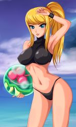 Rule 34 | 1girl, alien, arm up, armpits, ball, bikini, blonde hair, blue eyes, blush, breasts, cloud, covered erect nipples, day, highres, holding, impossible clothes, large breasts, lipstick, long hair, looking at viewer, makeup, metroid, metroid (creature), navel, nintendo, objectification, ocean, outdoors, ponytail, samus aran, scrunchie, sigurd hosenfeld, skin tight, sky, smile, sports bikini, standing, swept bangs, swimsuit, thong, toned, turtleneck, water, wristband