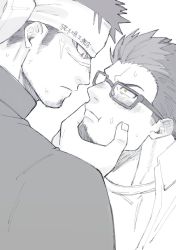 Rule 34 | 2boys, blush, close-up, collar, eye contact, facial hair, glasses, goatee, greyscale, hand on another&#039;s cheek, hand on another&#039;s face, harada (basashi), imminent kiss, looking at another, male focus, monochrome, multiple boys, orange eyes, original, partially colored, shirt, short hair, spiked hair, sweat, white background, yaoi, yellow eyes