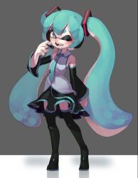 Rule 34 | 1girl, absurdres, aqua hair, aqua necktie, bare shoulders, black footwear, black skirt, black sleeves, blue eyes, boots, collared shirt, crossover, detached sleeves, full body, grey background, grey shirt, hair ornament, hand up, hatsune miku, headset, highres, inkling, inkling girl, inkling player character, long hair, long sleeves, looking at viewer, miniskirt, necktie, nintendo, one eye closed, open mouth, shirt, simple background, skirt, sleeveless, sleeveless shirt, solo, splatoon (series), standing, thigh boots, thighhighs, topdylan, twintails, very long hair, vocaloid, wide sleeves, zettai ryouiki