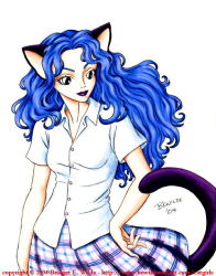 Rule 34 | 00s, 1girl, 2004, animal ears, bewildered, black eyes, blue hair, blue lips, blue skirt, breasts, cat ears, cat girl, cat tail, hand on own hip, long hair, looking at viewer, medium breasts, plaid, plaid skirt, school uniform, shirt, short sleeves, skirt, solo, standing, tail, traditional media, white background, white shirt