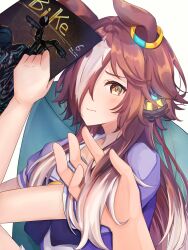 Rule 34 | 1girl, 1other, absurdres, animal ears, arm up, blue bow, blue shirt, blush, bow, brown eyes, brown hair, closed mouth, commentary request, ear ornament, hair over one eye, hand in another&#039;s hair, highres, horse ears, long hair, looking at viewer, multicolored hair, out of frame, pitsugi, puffy short sleeves, puffy sleeves, shirt, short sleeves, simple background, solo focus, streaked hair, umamusume, upper body, very long hair, vodka (umamusume), white background, white hair