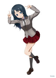 Rule 34 | 1girl, :q, alternate costume, arms up, black footwear, black necktie, blazer, blue eyes, blue hair, closed mouth, commentary request, dress shirt, freckles, full body, girls und panzer, grey jacket, grey socks, index fingers together, jacket, leaning forward, leg up, loafers, long hair, long sleeves, looking at viewer, miniskirt, necktie, partial commentary, pleated skirt, realeyes mondogrosso, red skirt, saunders school uniform, school uniform, shirt, shoes, simple background, skirt, smile, socks, solo, standing, standing on one leg, tongue, tongue out, white background, white shirt, wing collar, yamagou ayumi