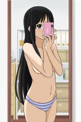 Rule 34 | 1girl, akiyama mio, black hair, breasts, cellphone, covering breasts, covering privates, highres, hirondo, k-on!, long hair, mirror, panties, phone, purple eyes, selfie, solo, striped clothes, striped panties, topless, underwear