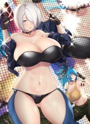 Rule 34 | 2girls, angel (kof), aster crowley, bra, breasts, camouflage, camouflage pants, cargo pants, chaps, cropped jacket, curvy, dog tags, earrings, horns pose, fingerless gloves, gloves, hair over one eye, highres, horns pose, huge breasts, index fingers raised, jacket, jewelry, large breasts, leather, leather jacket, leona heidern, multiple girls, navel, pants, skindentation, snk, strapless, strapless bra, tank top, the king of fighters, the king of fighters xiv, thick thighs, thighs, triangle earrings, underwear, wide hips, yellow tank top