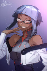 1girl absurdres bare_shoulders bespectacled blue_background blunt_bangs bob_cut bodysuit breasts commission cosplay cyberpunk_(series) cyberpunk_edgerunners dark-skinned_female dark_skin dated detached_sleeves glasses highres hinomoto_madoka large_breasts looking_at_viewer lucy_(cyberpunk) lucy_(cyberpunk)_(cosplay) off_shoulder original semi-rimless_eyewear short_hair shrug_(clothing) sidelocks signature skeb_commission smile solo under-rim_eyewear