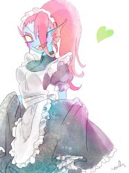 Rule 34 | 1girl, alternate costume, apron, black dress, blue skin, breasts, colored sclera, colored skin, commentary request, dress, enmaided, eyepatch, fins, head fins, heart, highres, looking at viewer, maid, maid apron, maid headdress, monster girl, noah (tettsui-sole), ponytail, puffy short sleeves, puffy sleeves, red hair, sharp teeth, short sleeves, skirt hold, slit pupils, smile, solo, teeth, undertale, undyne, waist apron, white apron, white background, yellow sclera, yellow teeth