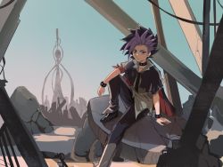 Rule 34 | 1boy, black hair, black jacket, blue sky, boulder, bracelet, choker, closed mouth, day, foot out of frame, highres, jacket, jewelry, knee up, location request, looking at viewer, male focus, pants, purple hair, ruins, shirt, short sleeves, sky, solo, spiked hair, spikes, wristband, yu-gi-oh!, yu-gi-oh! arc-v, yuuto (yu-gi-oh!)
