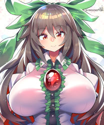 Rule 34 | 1girl, blouse, bow, breasts, brown hair, buttons, center frills, collared shirt, frilled shirt collar, frills, green bow, hair bow, highres, large breasts, long hair, puffy short sleeves, puffy sleeves, red eyes, reiuji utsuho, shirt, short sleeves, solo, third eye, third eye on chest, touhou, umigarasu (kitsune1963), white shirt