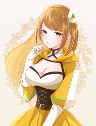 Rule 34 | 1girl, alternate hairstyle, black corset, breasts, corset, fire emblem, fire emblem engage, gloves, goldmary (fire emblem), hair down, highres, hooded top, large breasts, mole, mole on breast, nintendo, ribbon, skirt, solo, turtleneck, white gloves, white ribbon, yellow skirt, yutohiroya