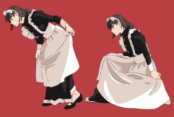 Rule 34 | 1girl, apron, black dress, black footwear, blush, closed mouth, dress, from side, hair bun, hair ornament, hair scrunchie, juliet sleeves, leaning forward, long dress, long sleeves, maid apron, maid headdress, multiple views, on one knee, original, parted lips, profile, puffy sleeves, red background, scrunchie, shoes, signature, simple background, single hair bun, standing, umishima senbon, white apron