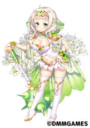 Rule 34 | 1girl, boots, breasts, cleavage, club, club (weapon), contrapposto, flower, flower knight girl, full body, gem, green eyes, hairband, hand on own hip, medium breasts, miniskirt, name connection, navel, object namesake, official art, see-through, seri (flower knight girl), short hair, shouni (sato3), skirt, smile, solo, spiked club, standing, thigh boots, thighhighs, weapon, white footwear, white hair, white skirt, wrist cuffs, zettai ryouiki