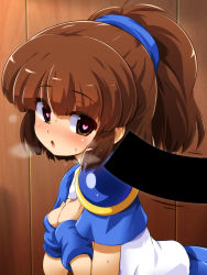 Rule 34 | 1girl, arle nadja, armor, bar censor, blue sleeves, blue wristband, blush, brown eyes, brown hair, censored, commentary request, hands on own chest, heart, heart-shaped pupils, konpeto, madou monogatari, open mouth, pauldrons, ponytail, puyopuyo, sexually suggestive, shirt, short sleeves, shoulder armor, single pauldron, steaming body, sweat, symbol-shaped pupils, white shirt, wrist cuffs