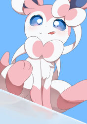 Rule 34 | absurdres, blue background, blue eyes, blush, bow, creatures (company), game freak, gen 6 pokemon, highres, moi moi 123, nintendo, pokemon, pokemon (creature), ribbon, simple background, sitting, smile, solo, sylveon, tongue, tongue out