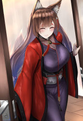 Rule 34 | 1girl, absurdres, amagi (azur lane), animal ear fluff, animal ears, azur lane, biting own lip, blush, breasts, brown hair, closed eyes, door, fox ears, highres, irkawaza, japanese clothes, kimono, large breasts, long hair, looking at viewer, open mouth, parted lips, simple background, smile, solo, standing
