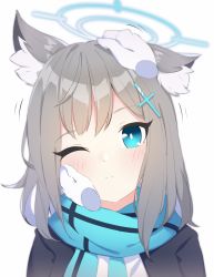 Rule 34 | 1girl, animal ear fluff, animal ears, blazer, blue archive, blue eyes, blue scarf, blush, closed mouth, disembodied limb, grey hair, halo, hand on another&#039;s cheek, hand on another&#039;s face, haraheriei, headpat, highres, jacket, looking at viewer, medium hair, motion lines, one eye closed, portrait, scarf, shiroko (blue archive), simple background, solo focus, striped clothes, striped scarf, white background, wolf ears