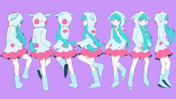 Rule 34 | 1girl, absurdres, alternate costume, aqua hair, blue footwear, closed mouth, crescent, dress, expressionless, food, fruit, full body, hatsune miku, highres, hood, hooded dress, looking at viewer, multicolored clothes, multicolored dress, multiple persona, pink eyes, pinocchio-p, purple background, shoes, simple background, solo, vocaloid, yozurina (vocaloid)